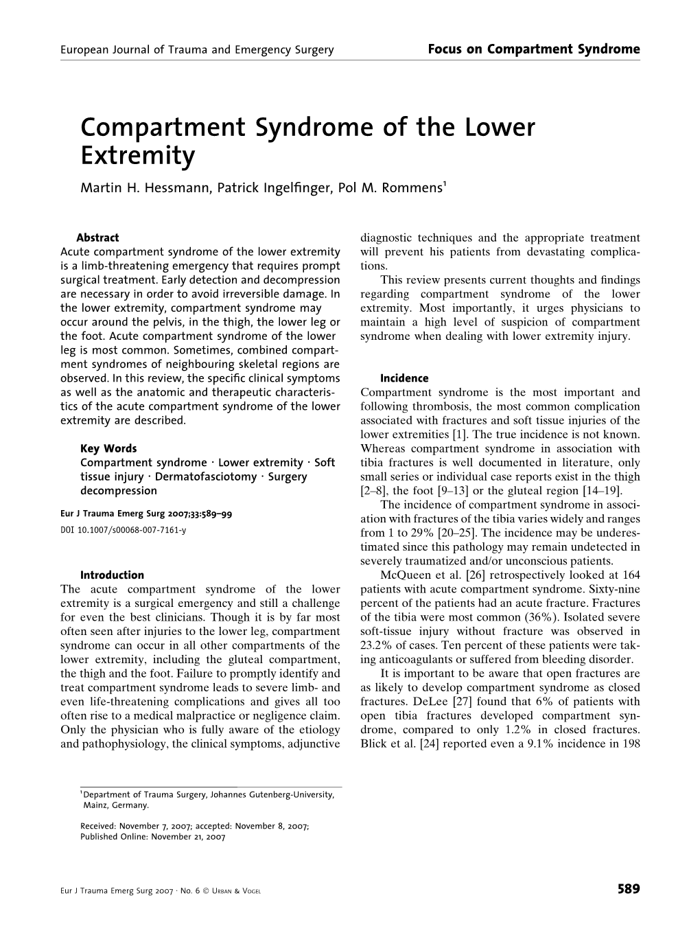 Compartment Syndrome of the Lower Extremity Martin H