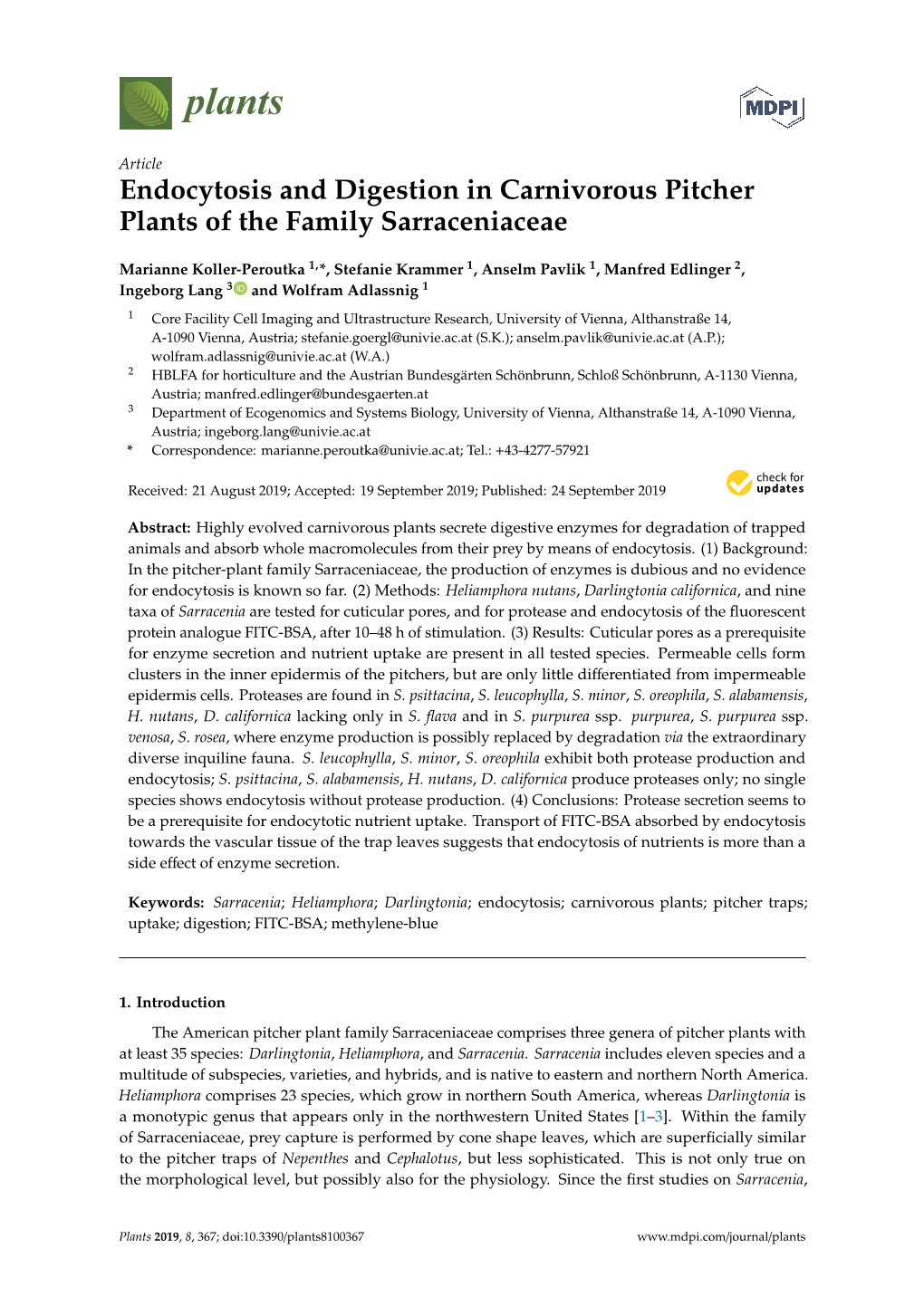 Endocytosis and Digestion in Carnivorous Pitcher Plants of the Family Sarraceniaceae