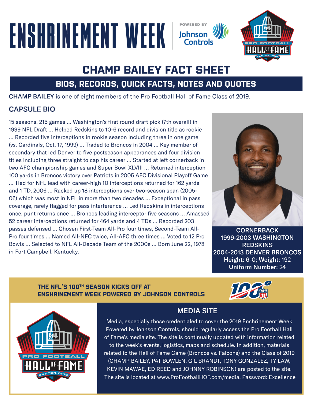 CHAMP BAILEY FACT SHEET BIOS, RECORDS, QUICK FACTS, NOTES and QUOTES CHAMP BAILEY Is One of Eight Members of the Pro Football Hall of Fame Class of 2019