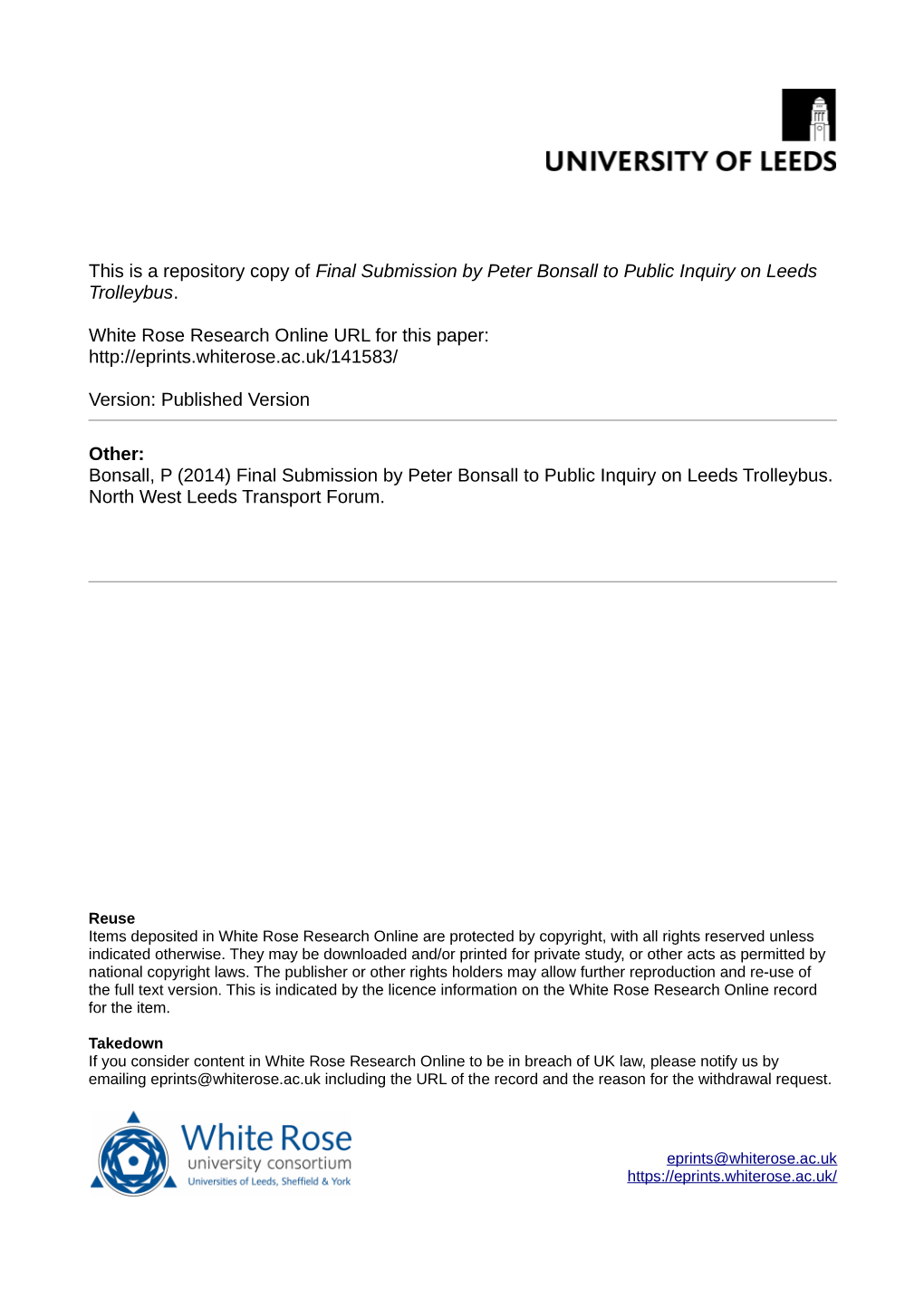 Final Submission by Peter Bonsall to Public Inquiry on Leeds Trolleybus