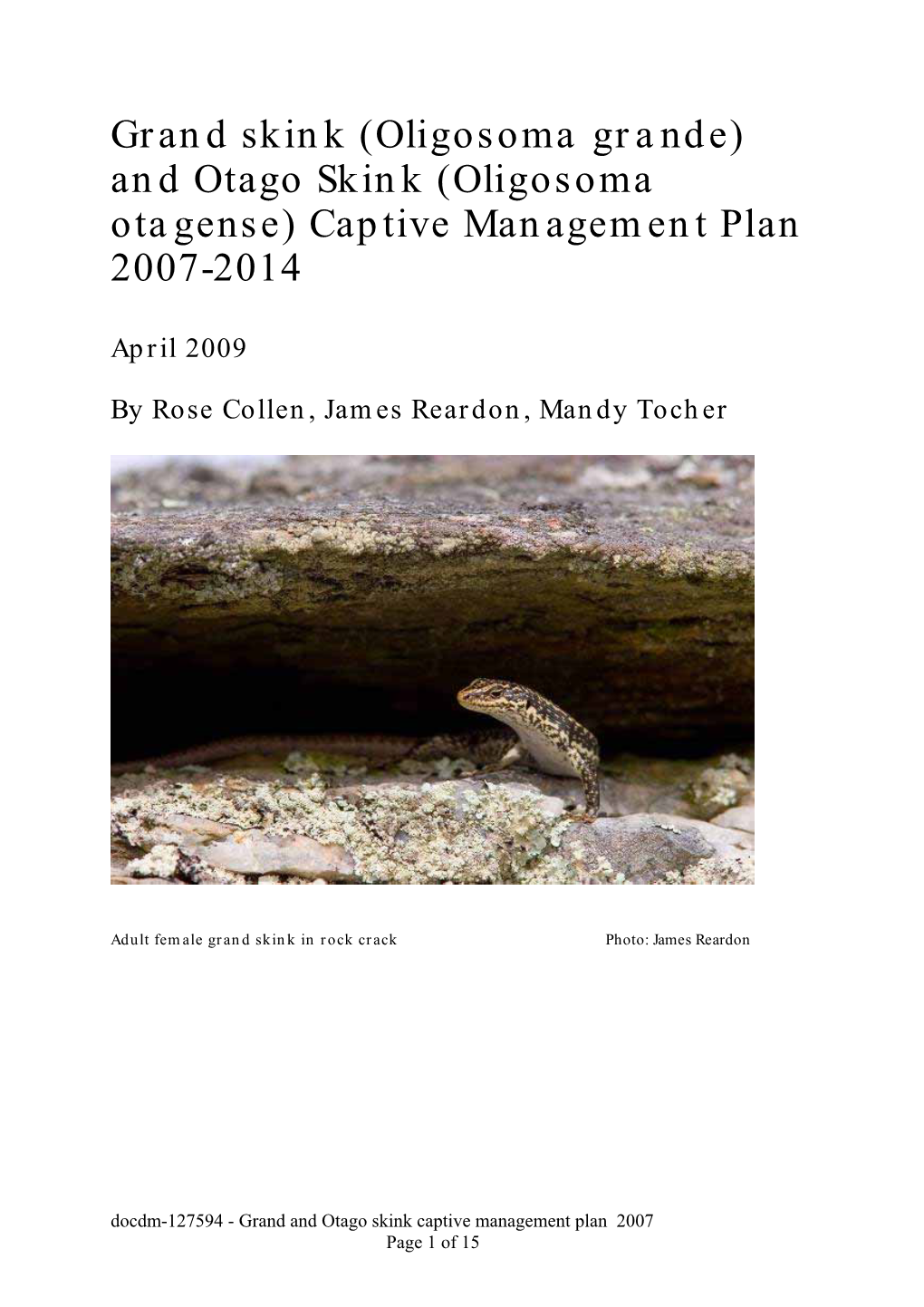Grand and Otago Skink Captive Management Plan 2007-2014