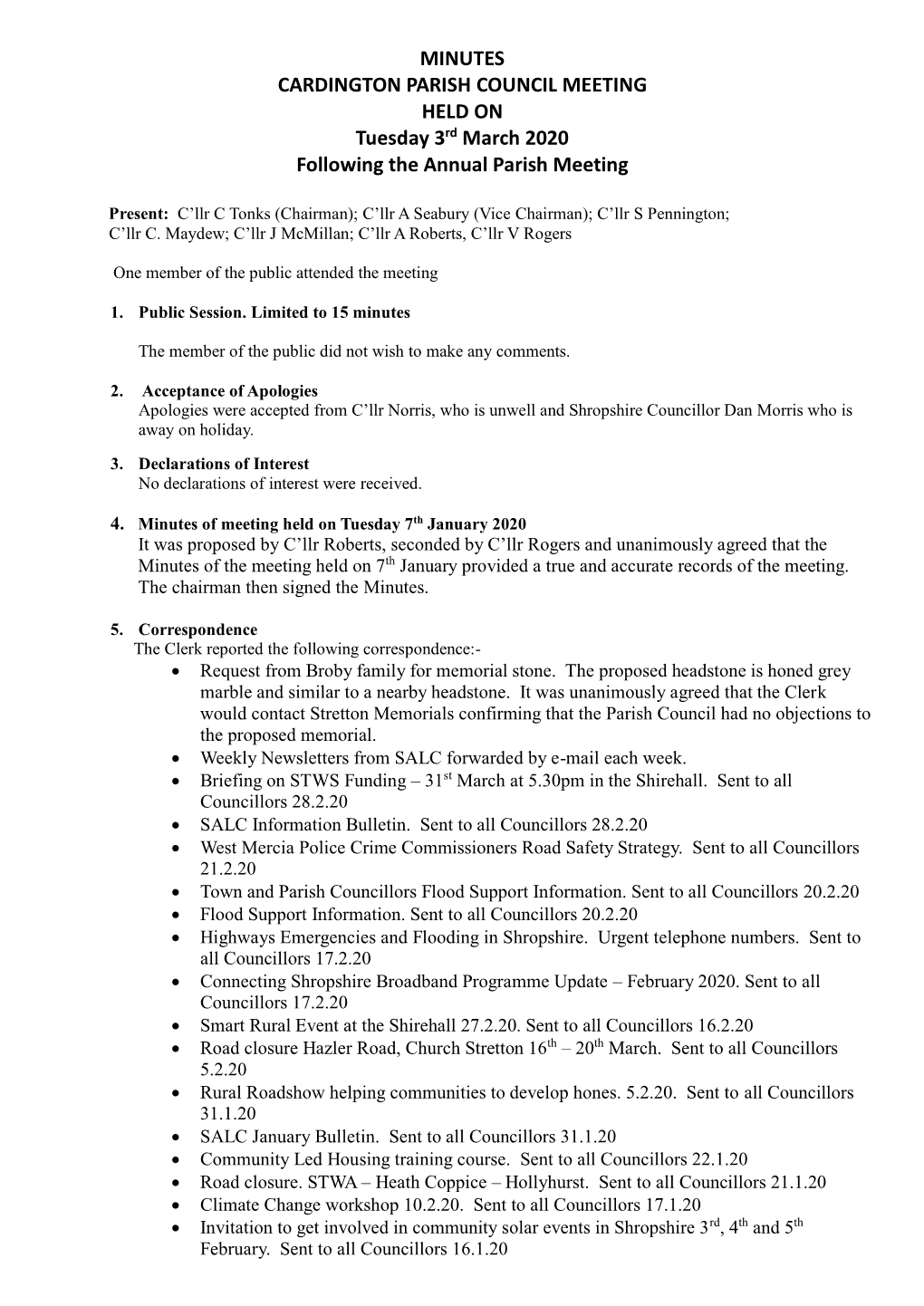 MINUTES CARDINGTON PARISH COUNCIL MEETING HELD on Tuesday 3Rd March 2020 Following the Annual Parish Meeting