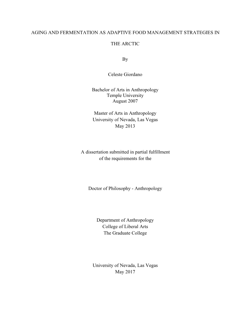 Aging and Fermentation As Adaptive Food Management Strategies in the Arctic Is Approved in Partial Fulfillment of the Requirements for the Degree Of