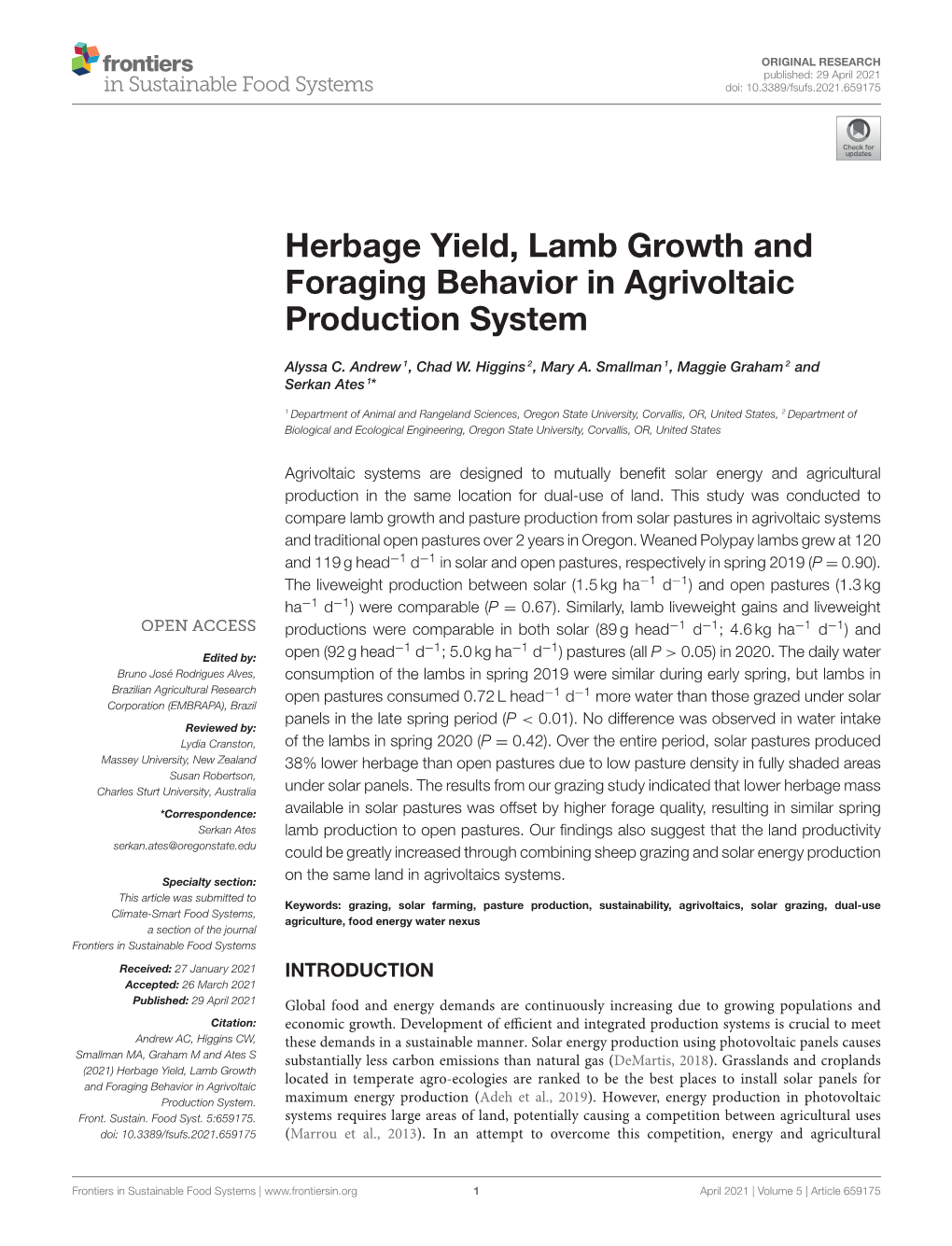 Herbage Yield, Lamb Growth and Foraging Behavior in Agrivoltaic Production System