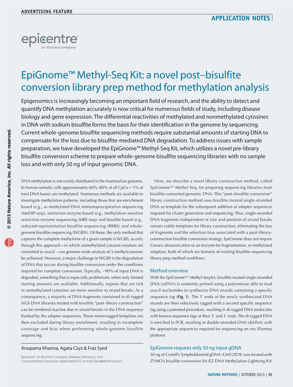 Epignome™ Methyl-Seq Kit: a Novel Post–Bisulfite Conversion Library Prep Method for Methylation Analysis