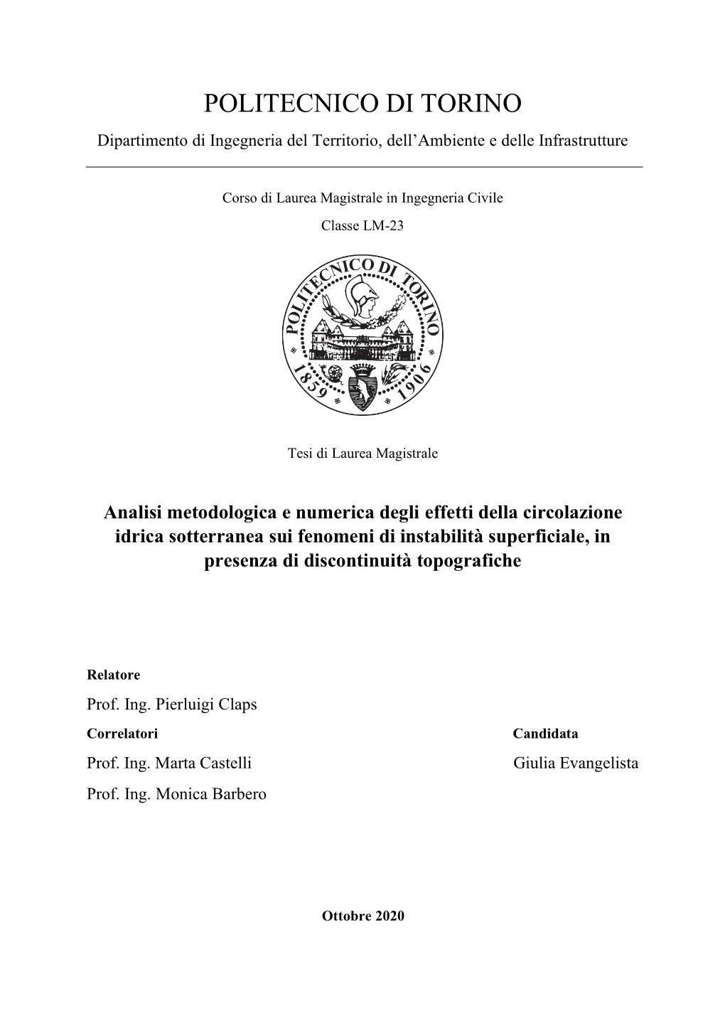 POLITECNICO DI TORINO Dipartimento Di Ingegneria Del Territorio, Dell’Ambiente E Delle Infrastrutture