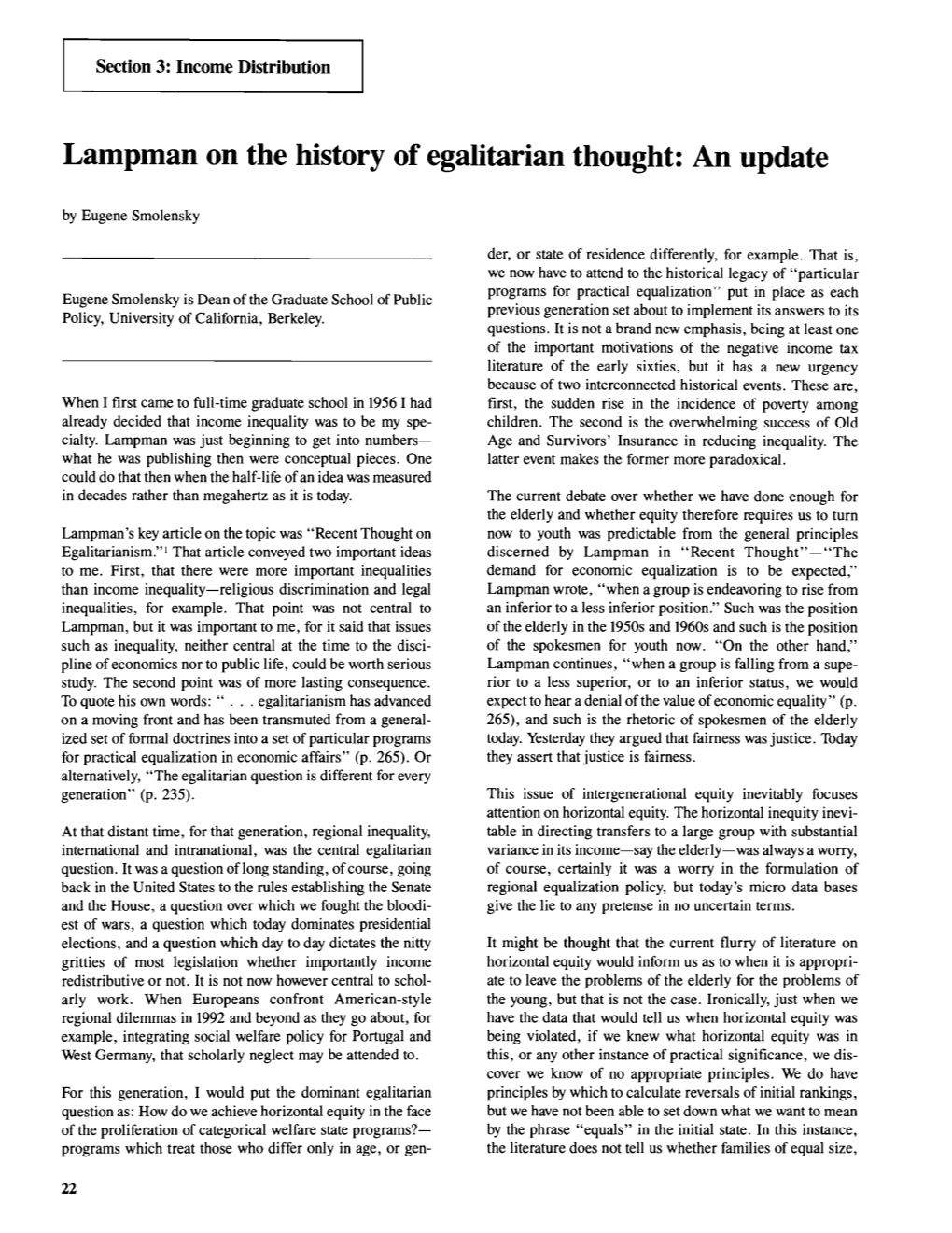 Lampman on the History of Egalitarian Thought: an Update by Eugene Smolensky
