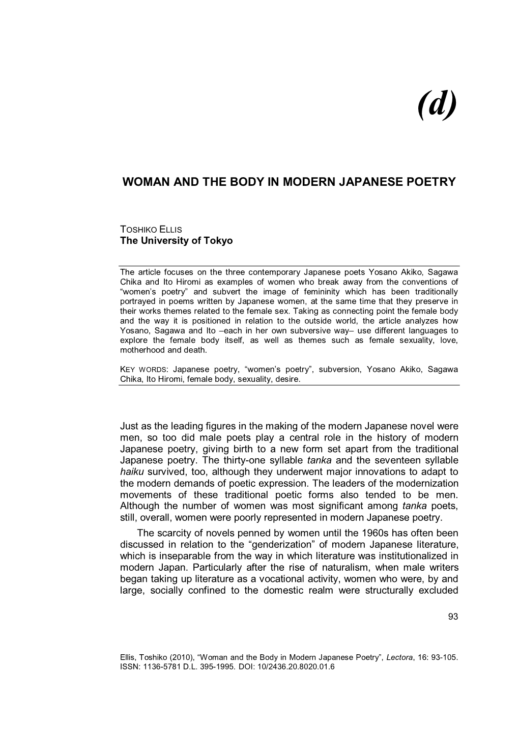 Woman and the Body in Modern Japanese Poetry