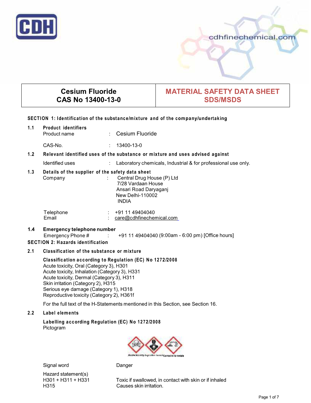 Cesium Fluoride CAS No 13400-13-0 MATERIAL SAFETY DATA SHEET