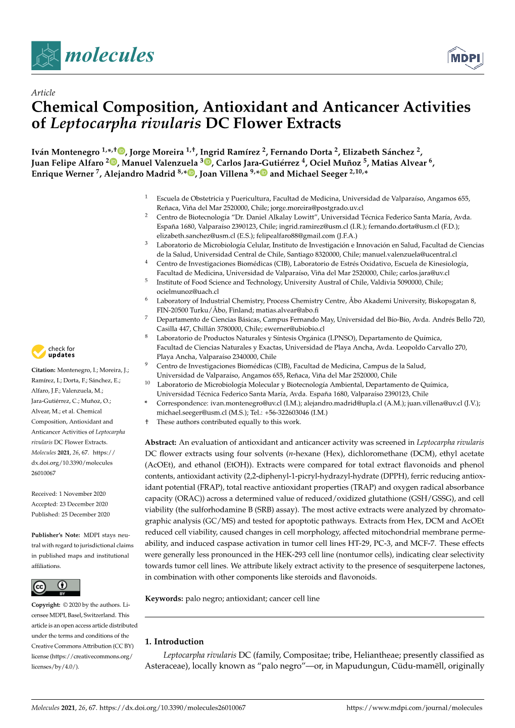 Chemical Composition, Antioxidant and Anticancer Activities of Leptocarpha Rivularis DC Flower Extracts