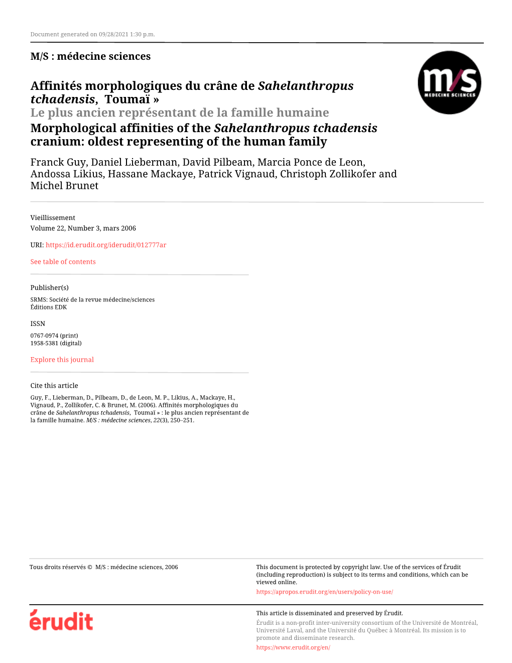 Affinités Morphologiques Du Crâne De Sahelanthropus Tchadensis