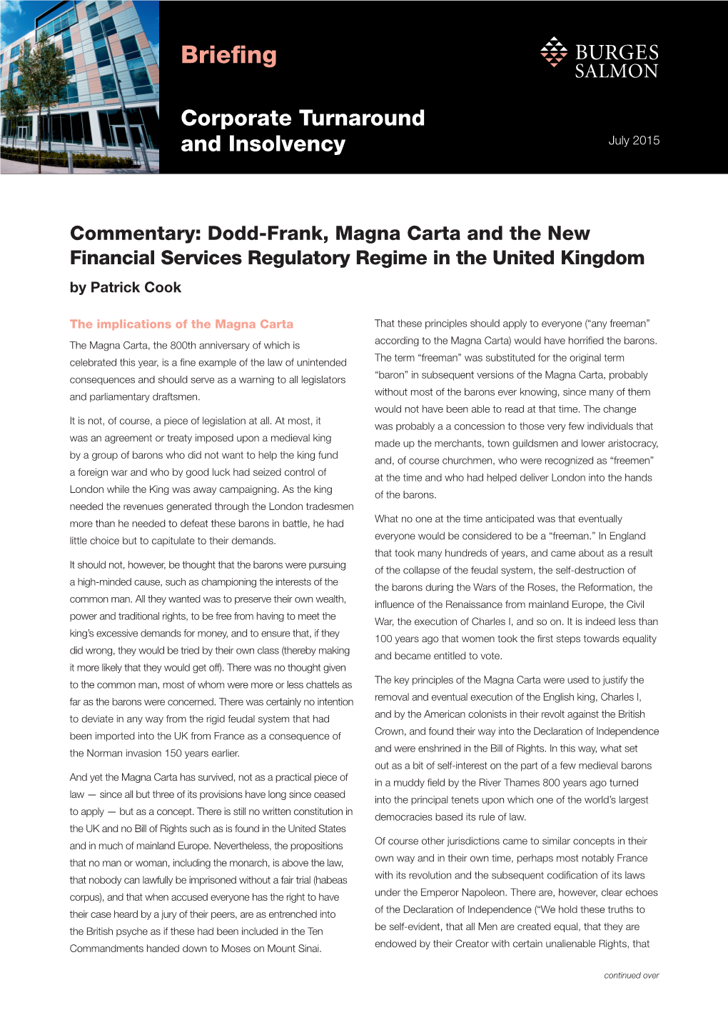 Dodd-Frank, Magna Carta and the New Financial Services Regulatory Regime in the United Kingdom by Patrick Cook