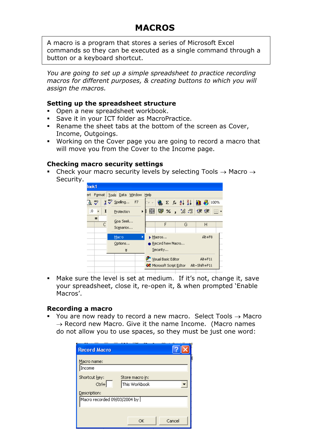 Setting up the Spreadsheet Structure