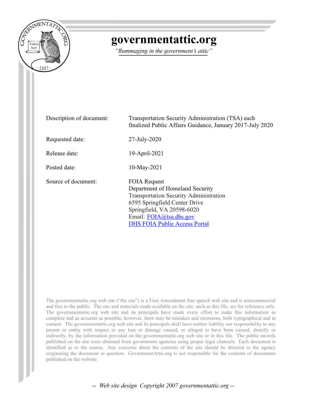 TSA) Each Finalized Public Affairs Guidance, January 2017-July 2020