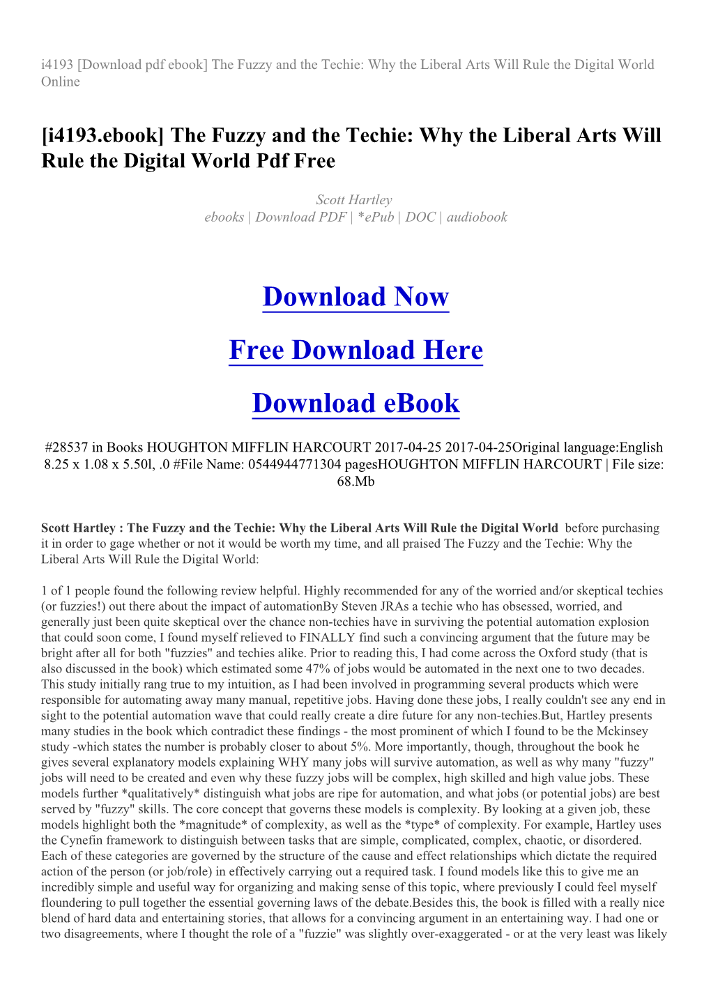 I4193 [Download Pdf Ebook] the Fuzzy and the Techie: Why the Liberal Arts Will Rule the Digital World Online