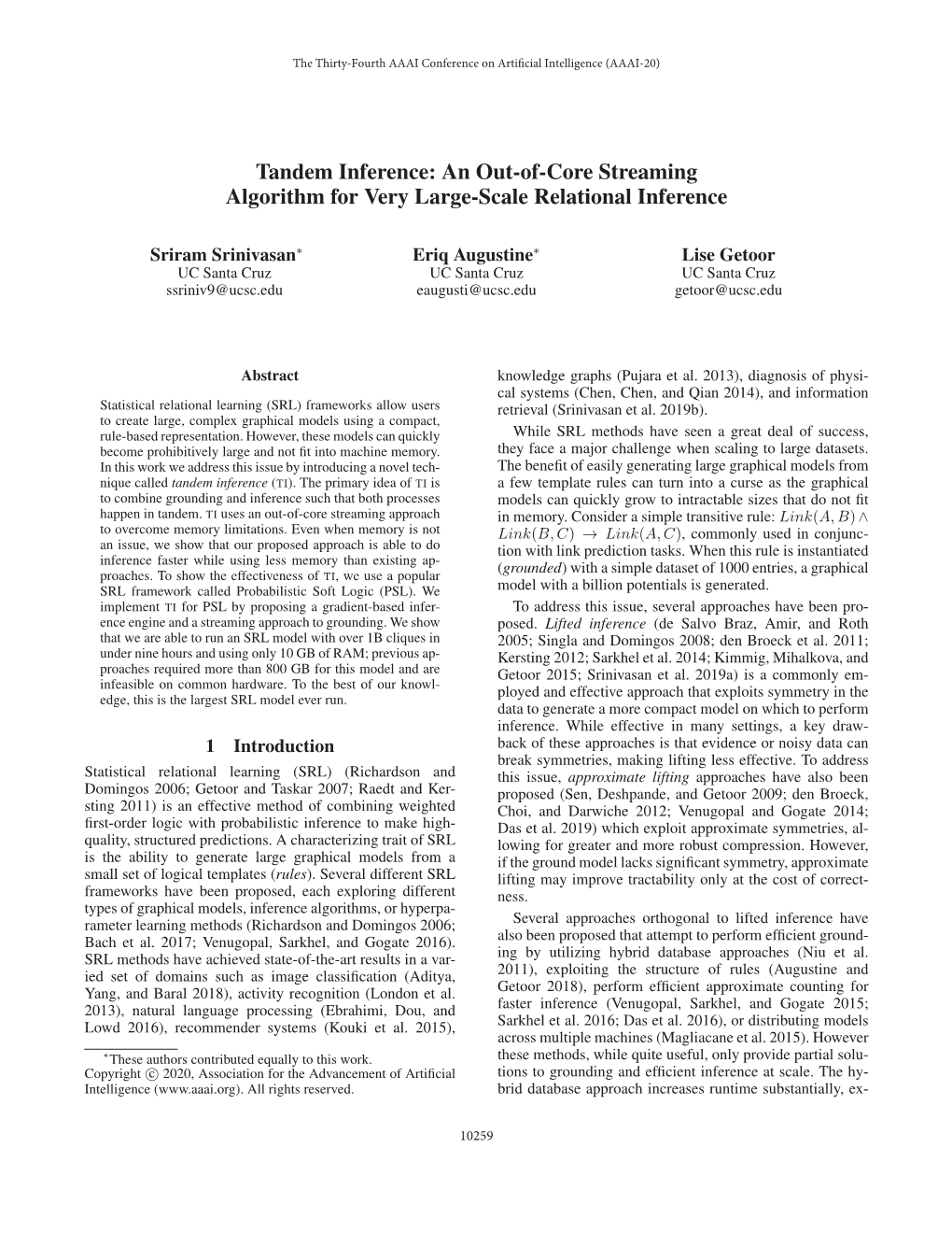 Tandem Inference: an Out-Of-Core Streaming Algorithm for Very Large-Scale Relational Inference