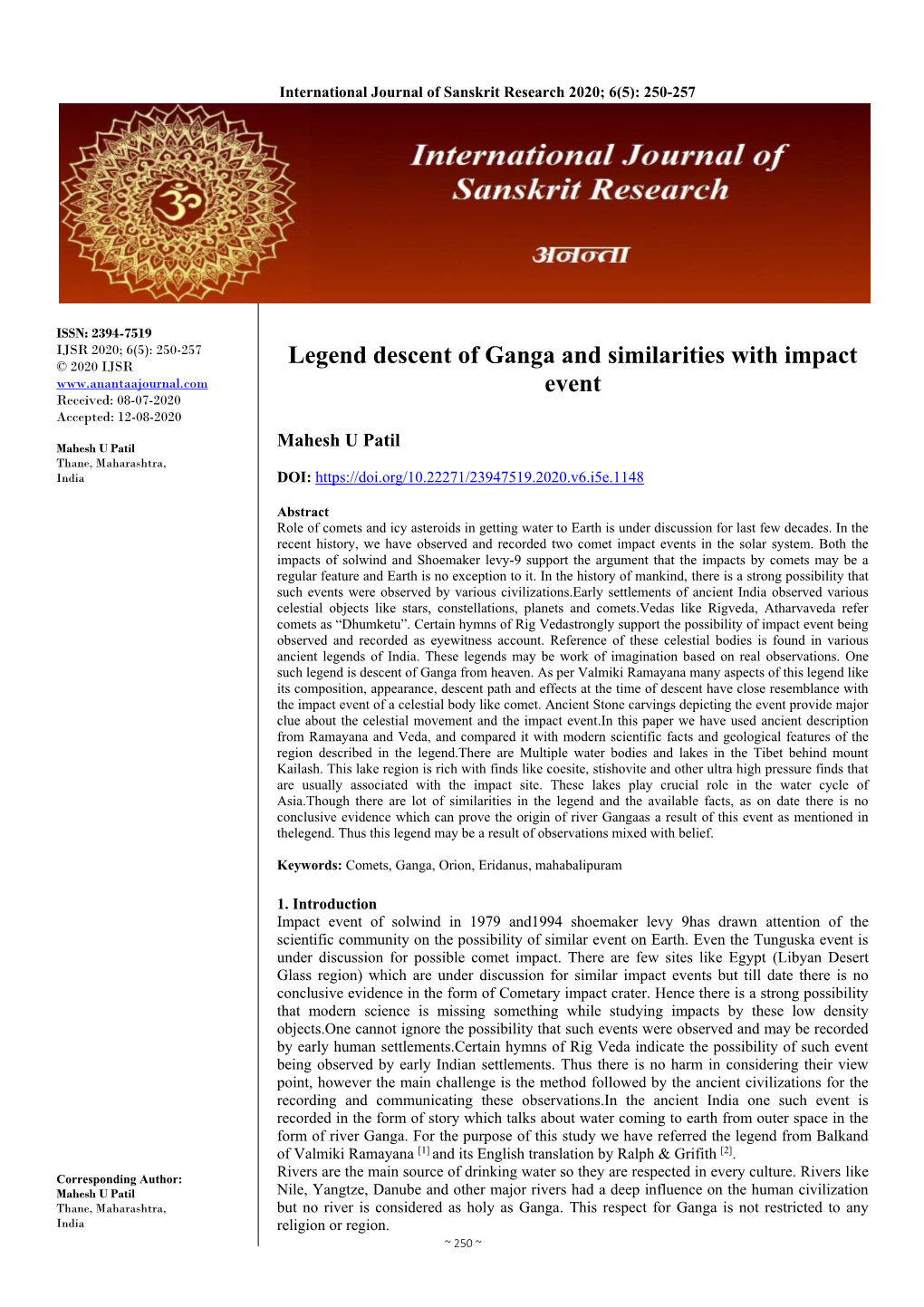 Legend Descent of Ganga and Similarities with Impact Event