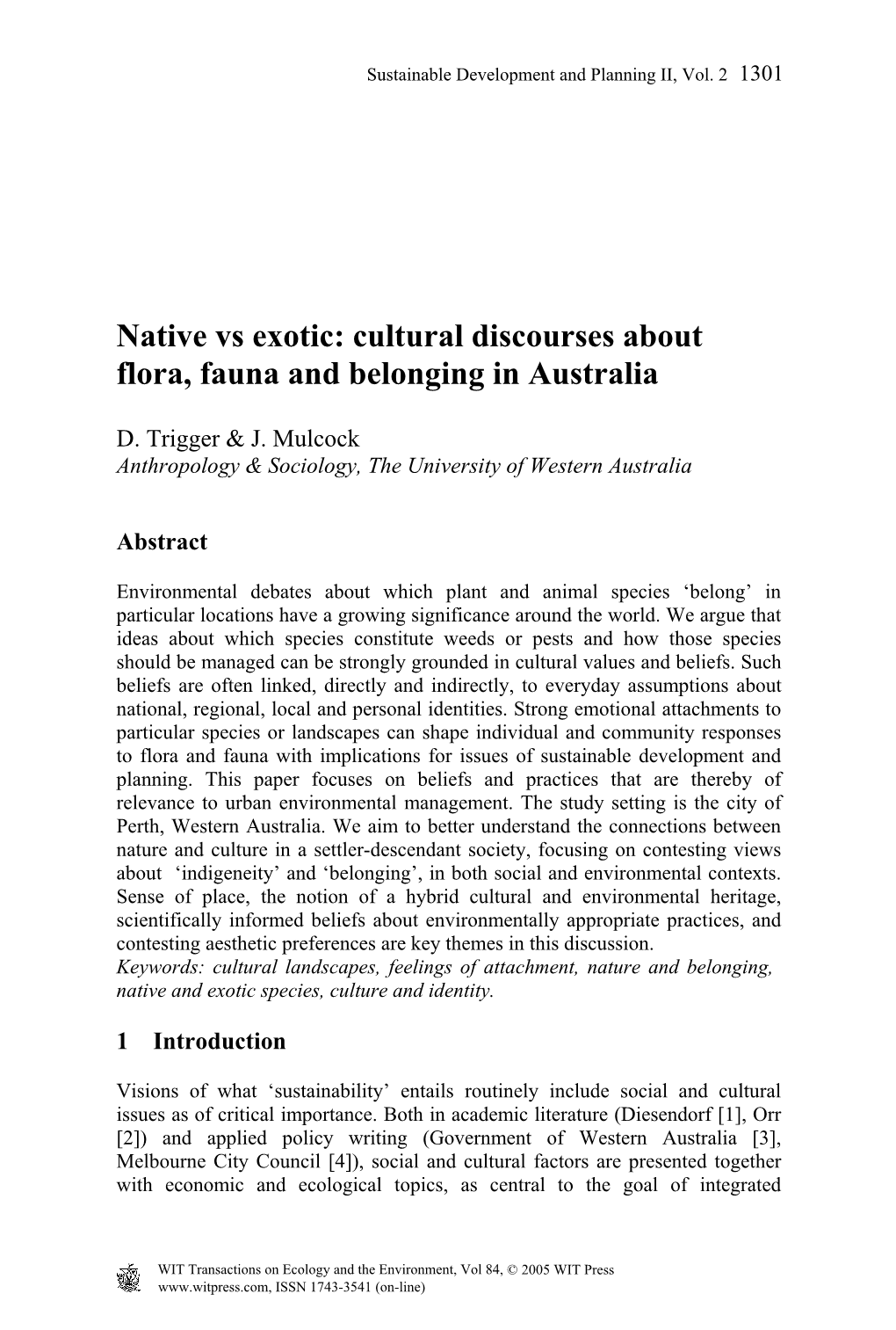 Cultural Discourses About Flora, Fauna and Belonging in Australia