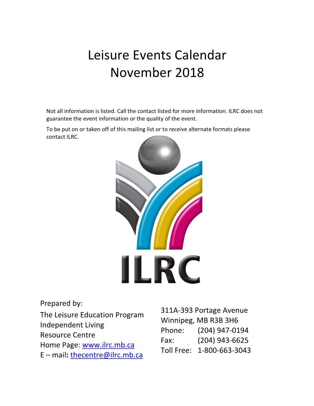 Leisure Events Calendar for November 2018