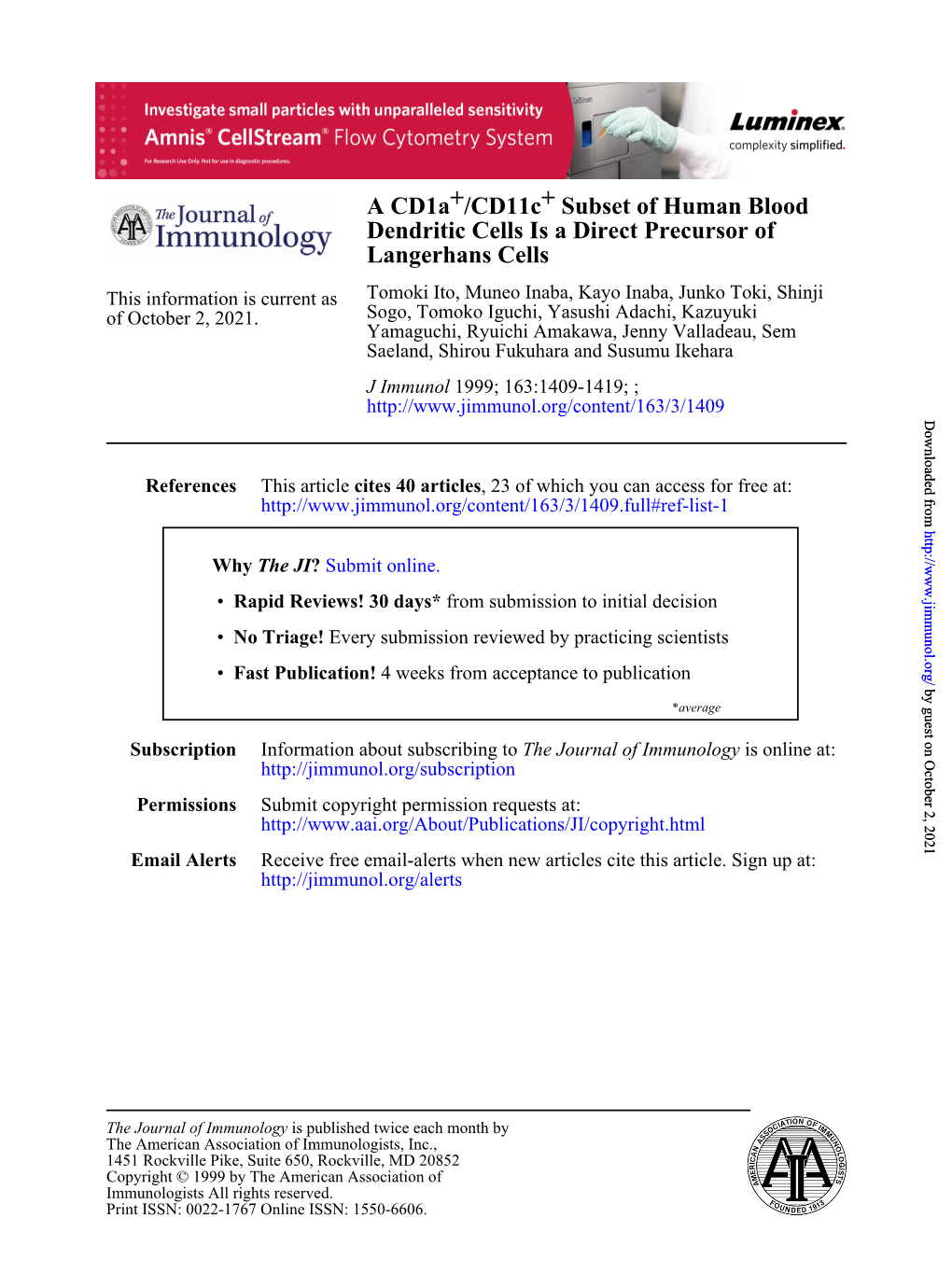 Langerhans Cells Dendritic Cells Is a Direct Precursor of Subset of Human Blood + /Cd11c + a Cd1a