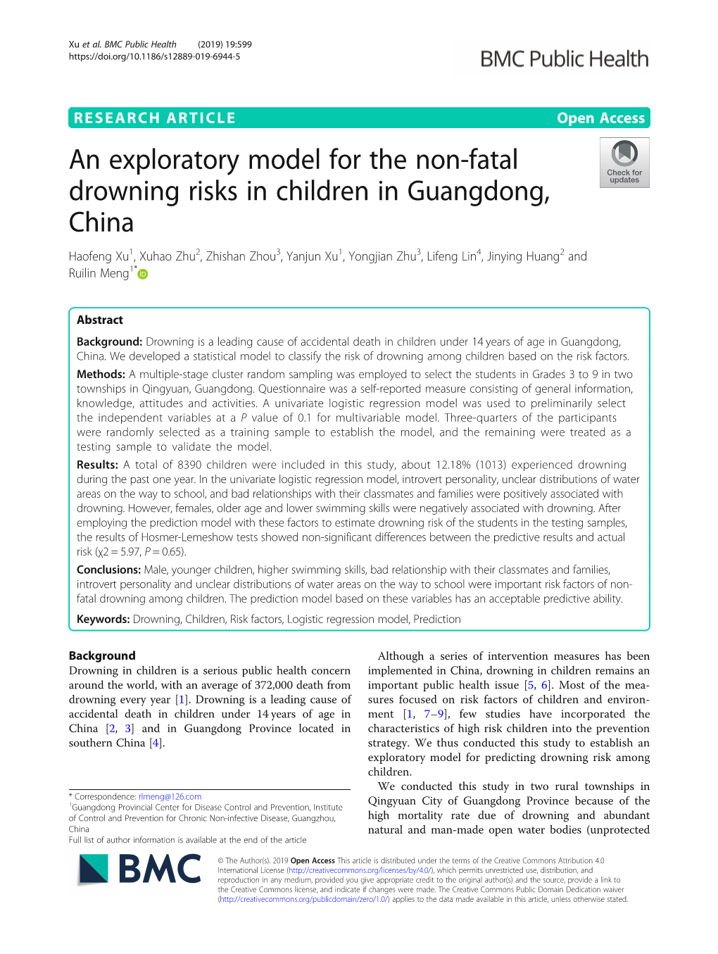 An Exploratory Model for the Non-Fatal Drowning Risks in Children in Guangdong, China