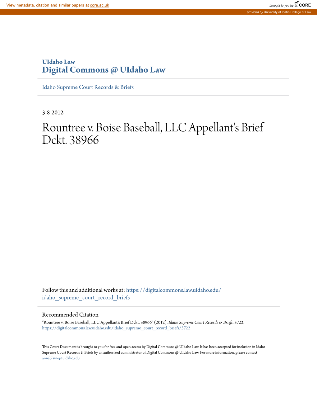 Rountree V. Boise Baseball, LLC Appellant's Brief Dckt. 38966