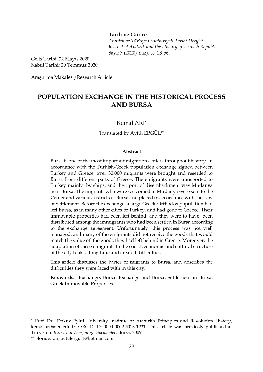 Population Exchange in the Historical Process and Bursa