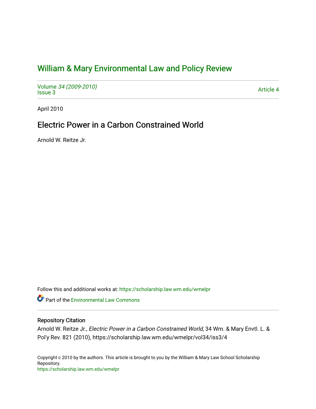 Electric Power in a Carbon Constrained World