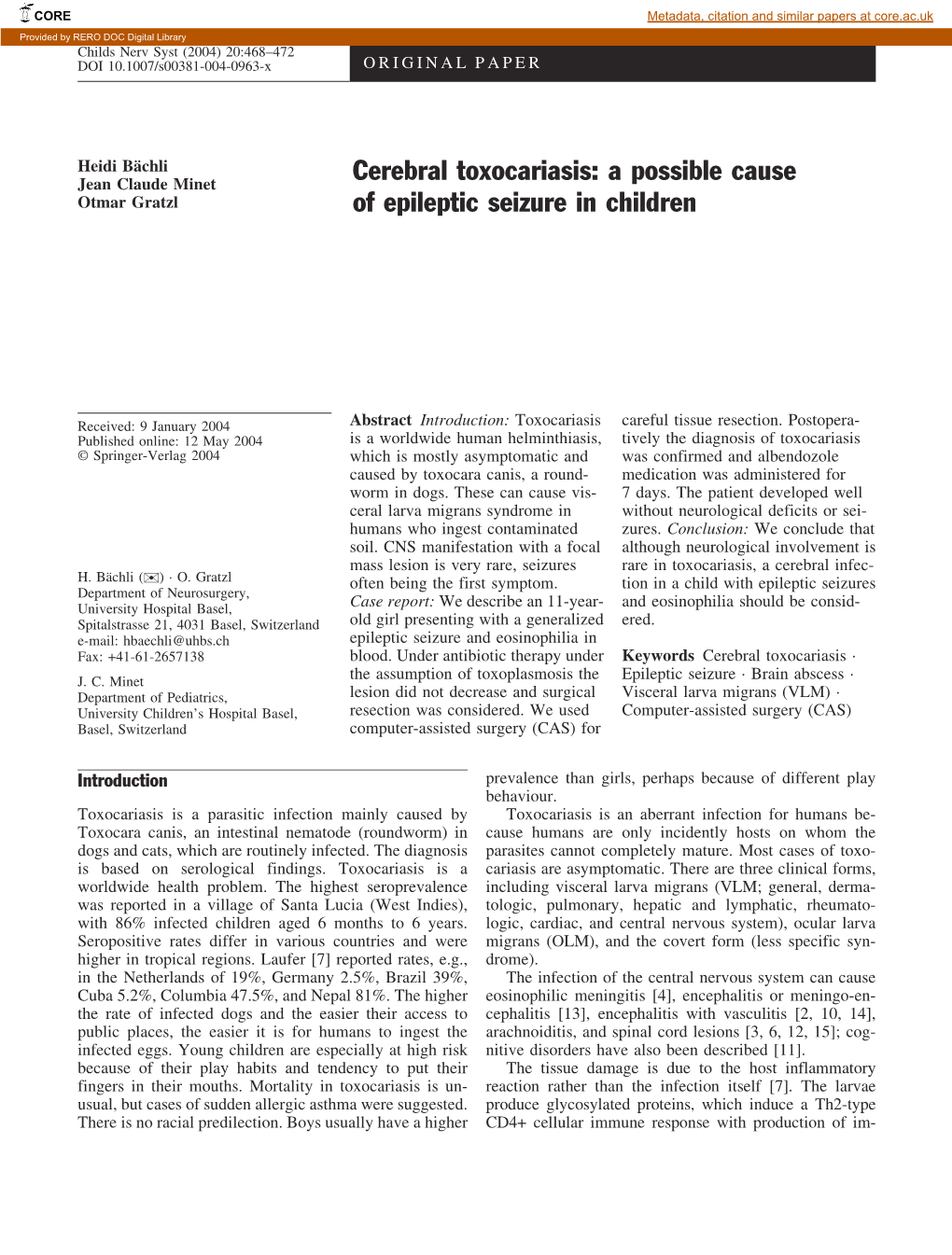 Cerebral Toxocariasis: a Possible Cause of Epileptic Seizure in Children