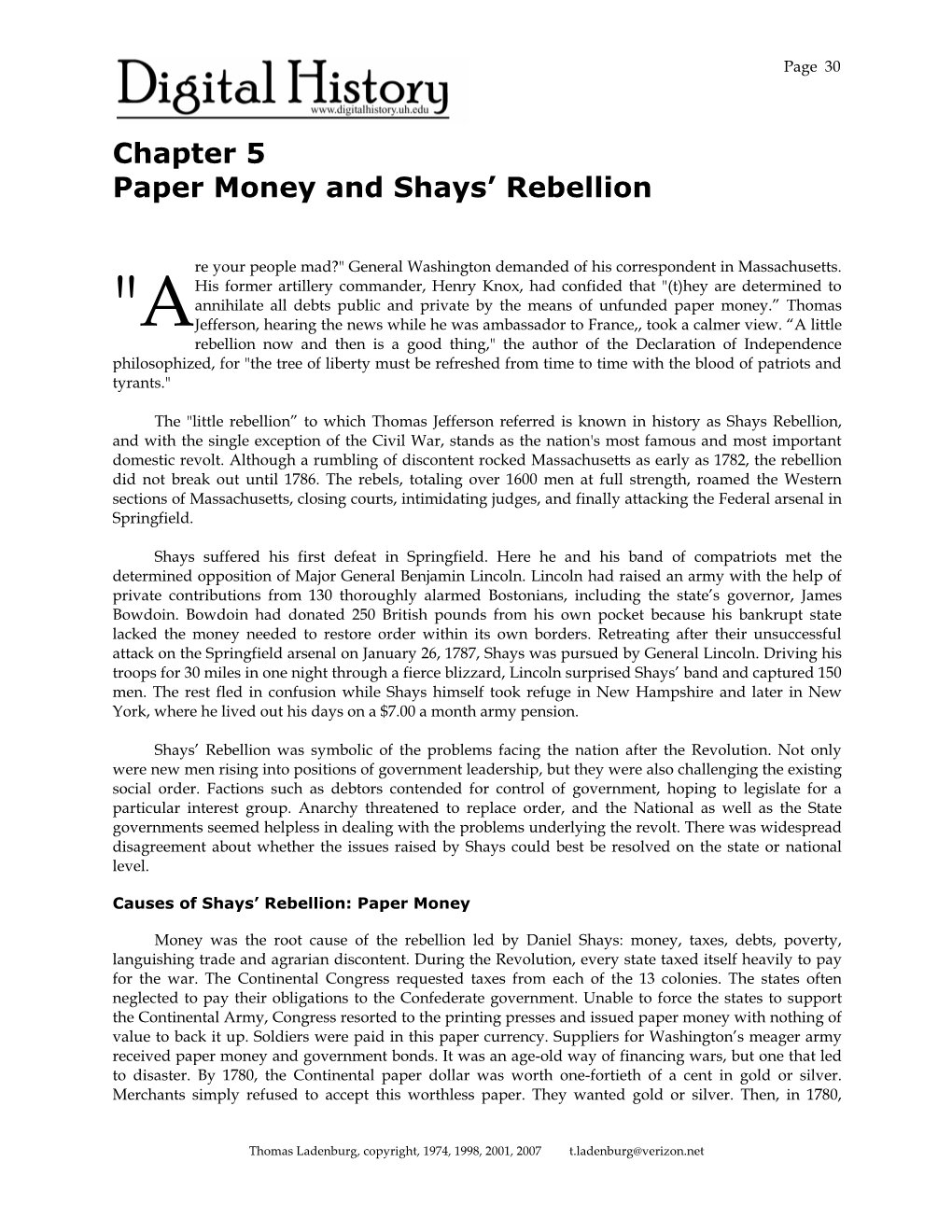 Paper Money and Shays' Rebellion