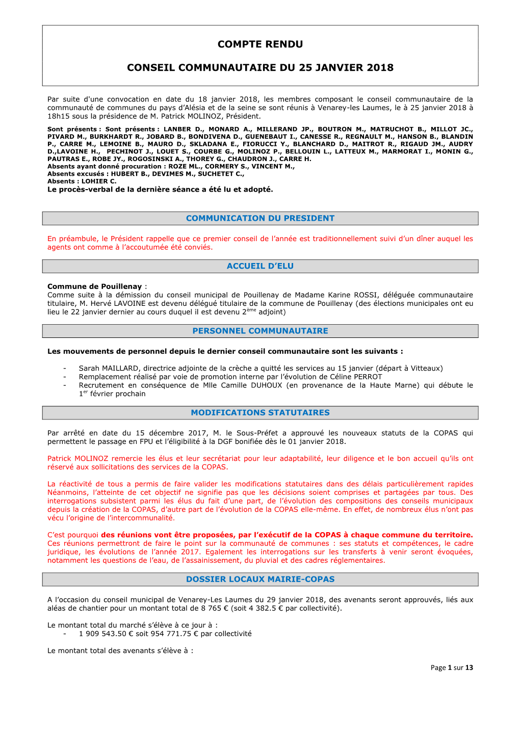 Conseil Communautaire Du 25 Janvier 2018