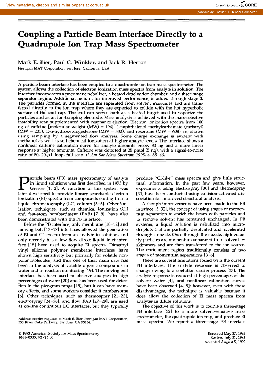 Coupling a Particle Beam Interface Directly to a Quadrupole Ion Trap Mass Spectrometer