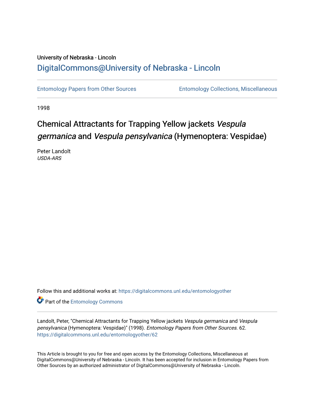 Chemical Attractants for Trapping Yellow Jackets Vespula Germanica and Vespula Pensylvanica (Hymenoptera: Vespidae)