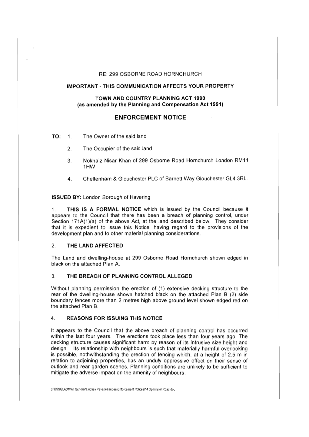 Download 299 Osborne Road – Enforcement Notice 20 January 2006