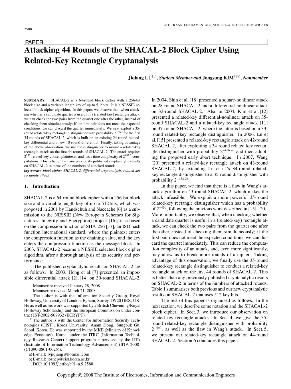 Attacking 44 Rounds of the SHACAL-2 Block Cipher Using Related-Key Rectangle Cryptanalysis