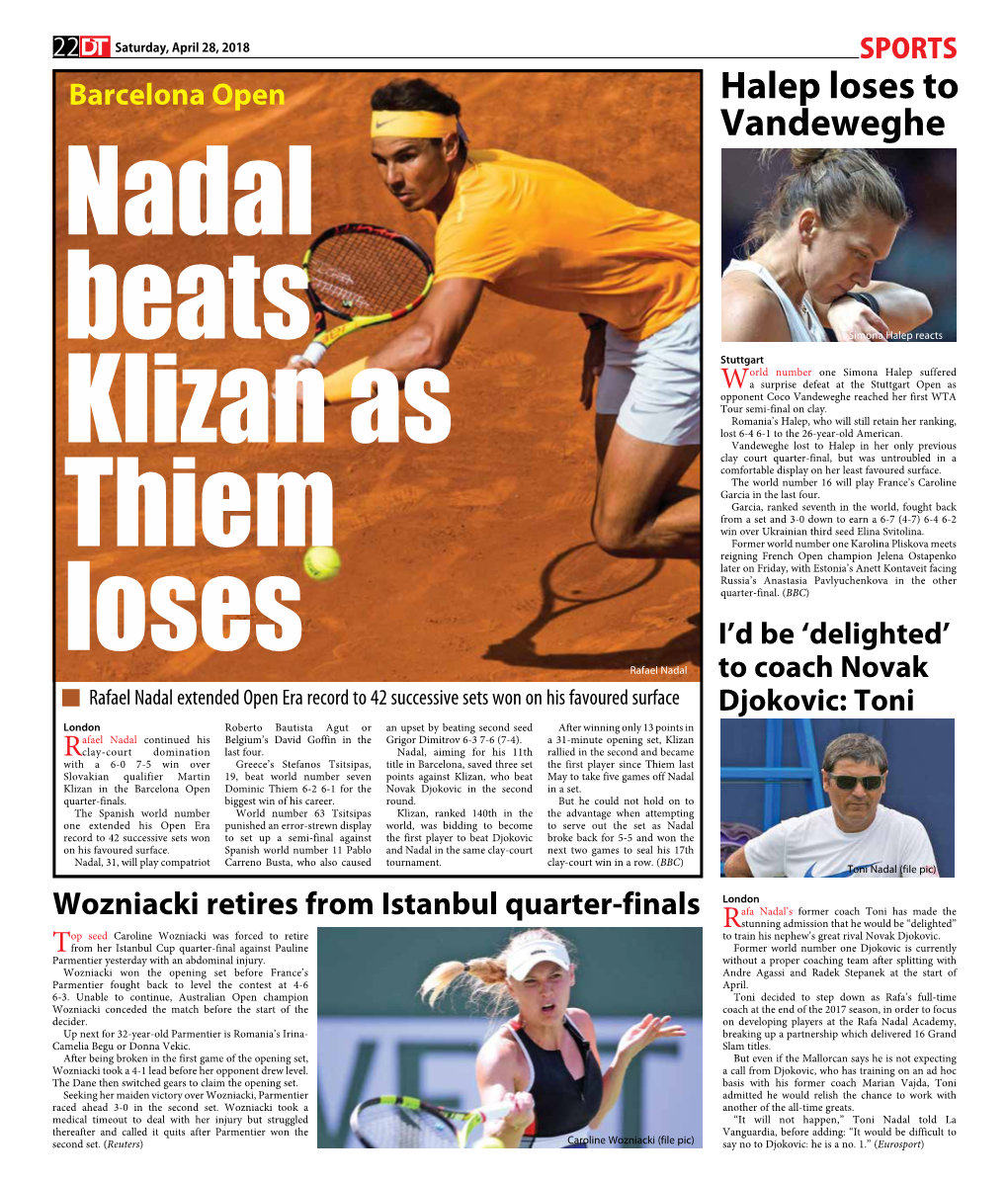 Halep Loses to Vandeweghe Nadal