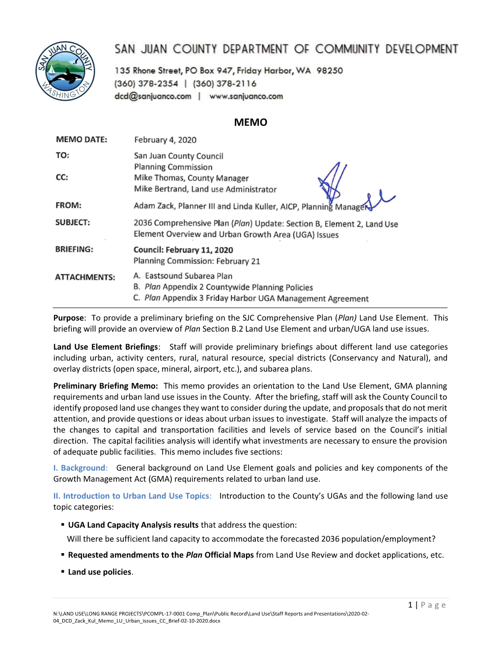 1 | P a G E MEMO DATE: February 4, 2020 TO: San Juan County Council