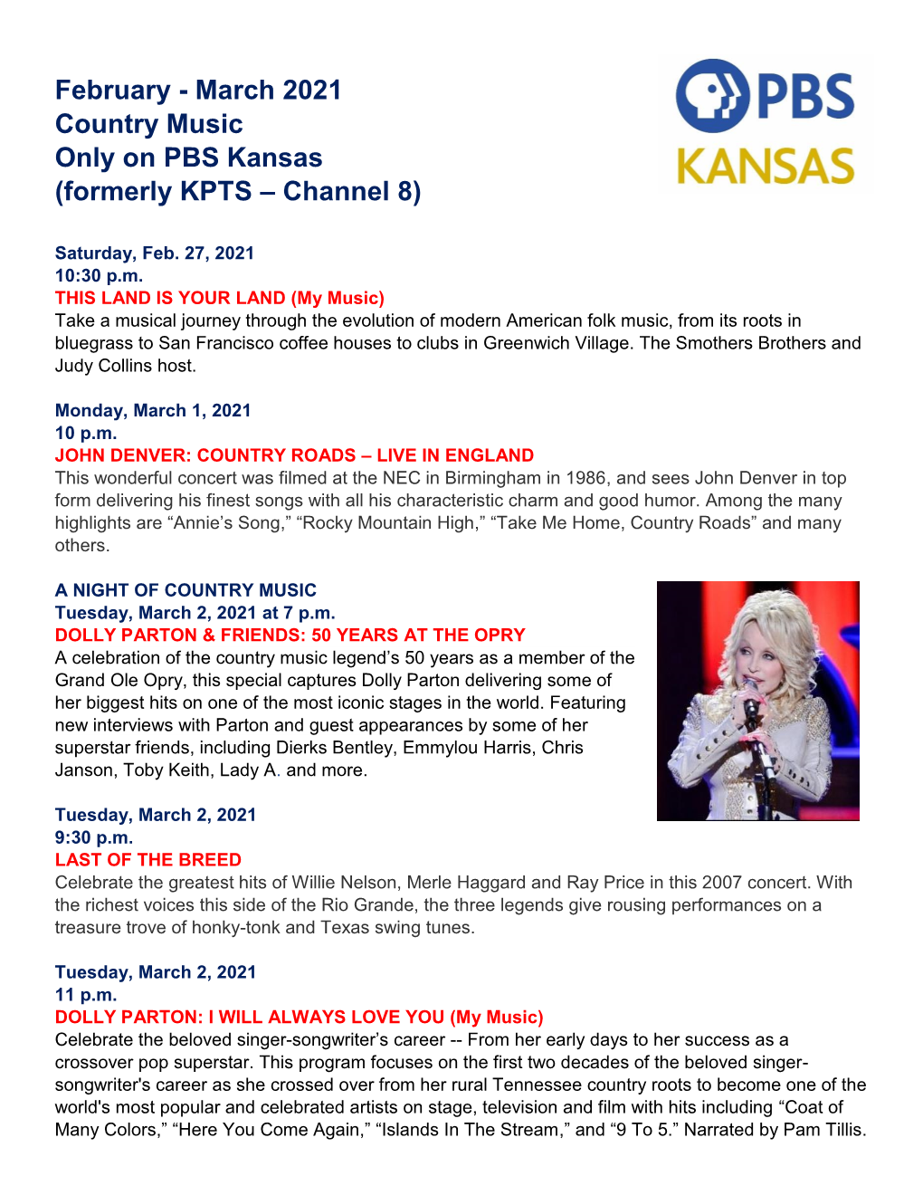 February - March 2021 Country Music Only on PBS Kansas (Formerly KPTS – Channel 8)