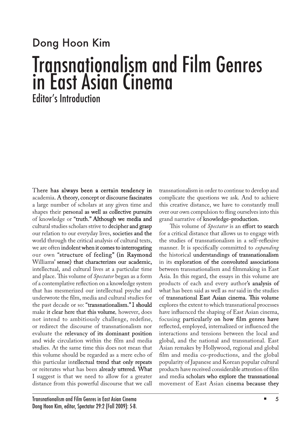 Transnationalism and Film Genres in East Asian Cinema Editor’S Introduction