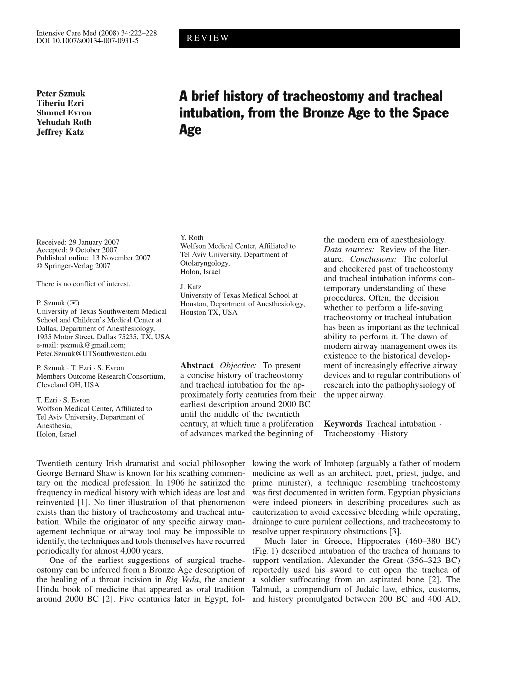 A Brief History of Tracheostomy and Tracheal Intubation, from the Bronze