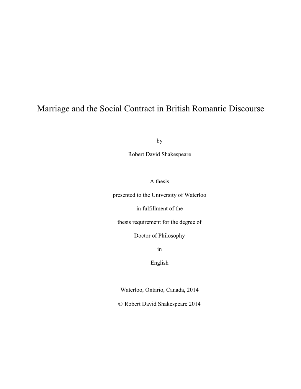 Marriage and the Social Contract in British Romantic Discourse