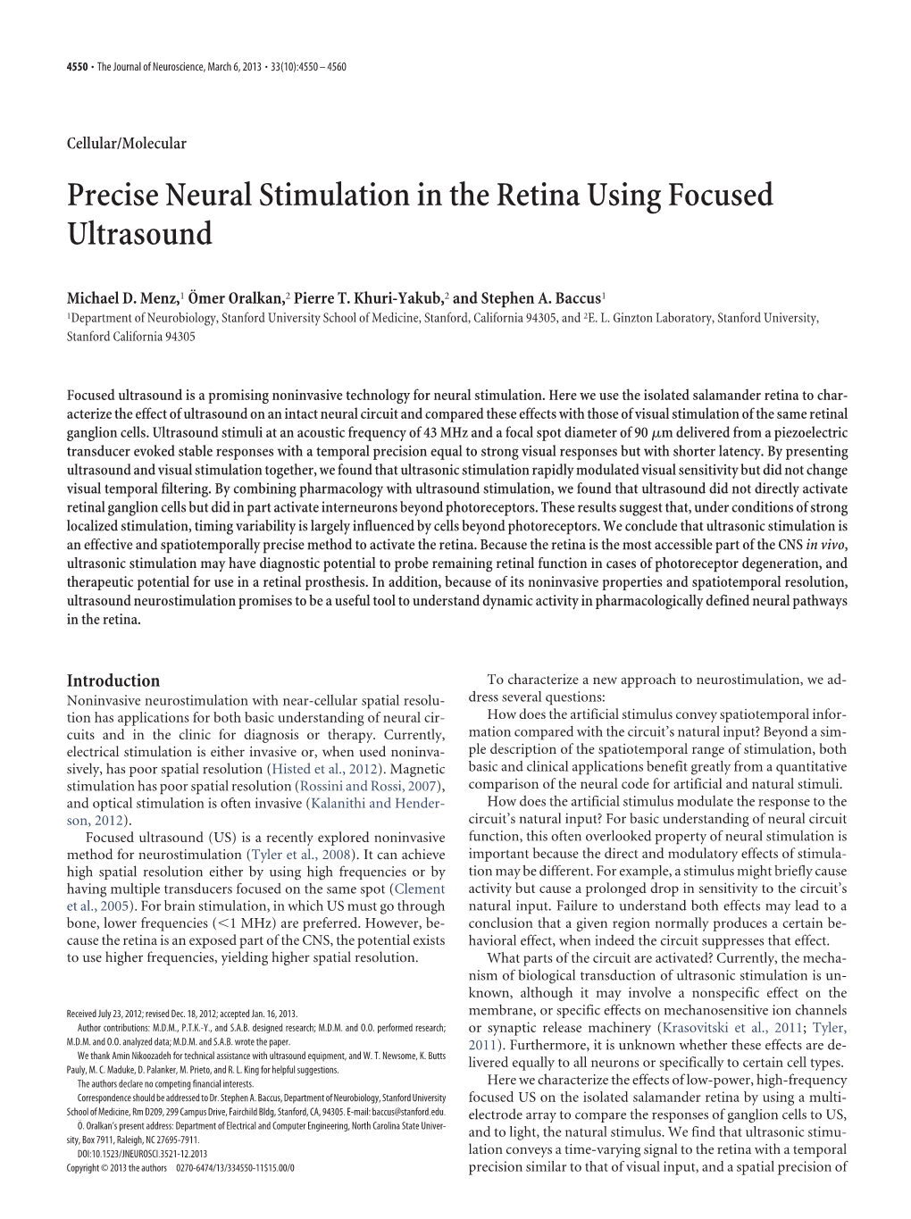 Precise Neural Stimulation in the Retina Using Focused Ultrasound