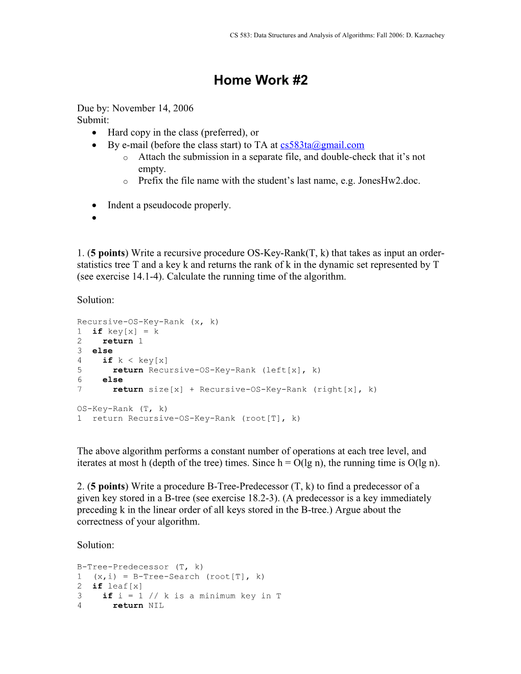 CS 583: Data Structures and Analysis of Algorithms: Fall 2006: D. Kaznachey