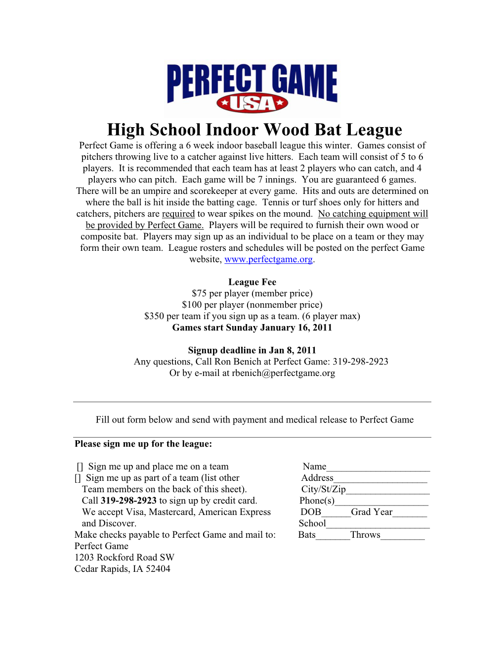 High School Indoor Wood Bat League Perfect Game Is Offering a 6 Week Indoor Baseball League This Winter