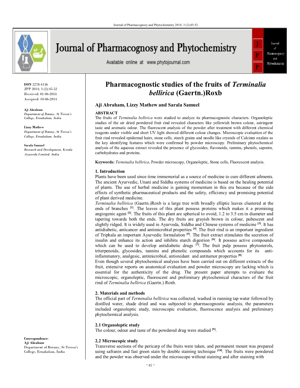 Pharmacognostic Studies of the Fruits of Terminalia Bellirica (Gaertn.)Roxb