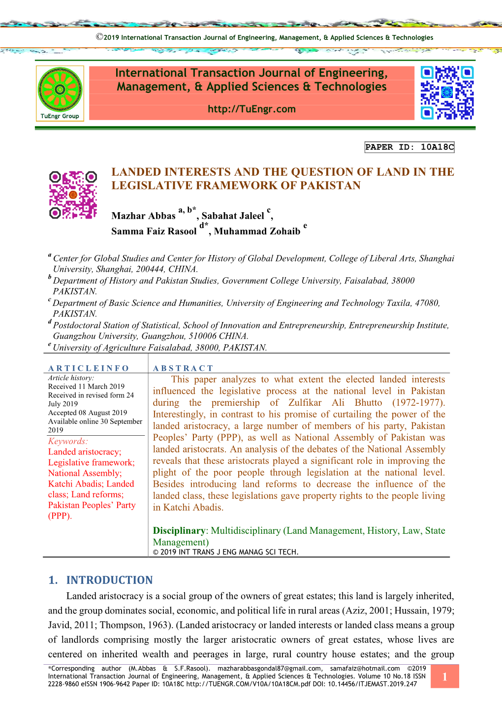 Landed Interests and the Question of Land in the Legislative Framework of Pakistan