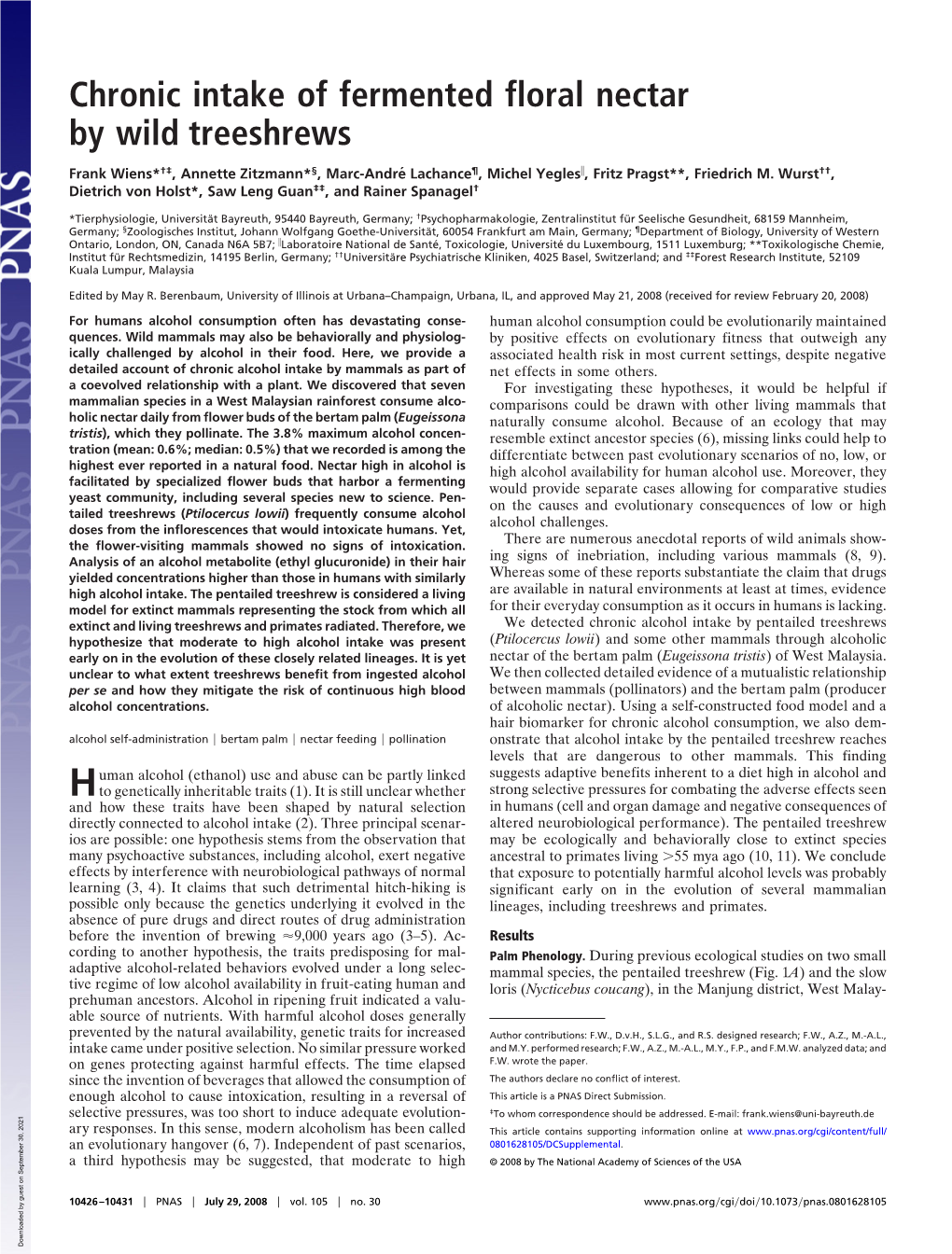 Chronic Intake of Fermented Floral Nectar by Wild Treeshrews