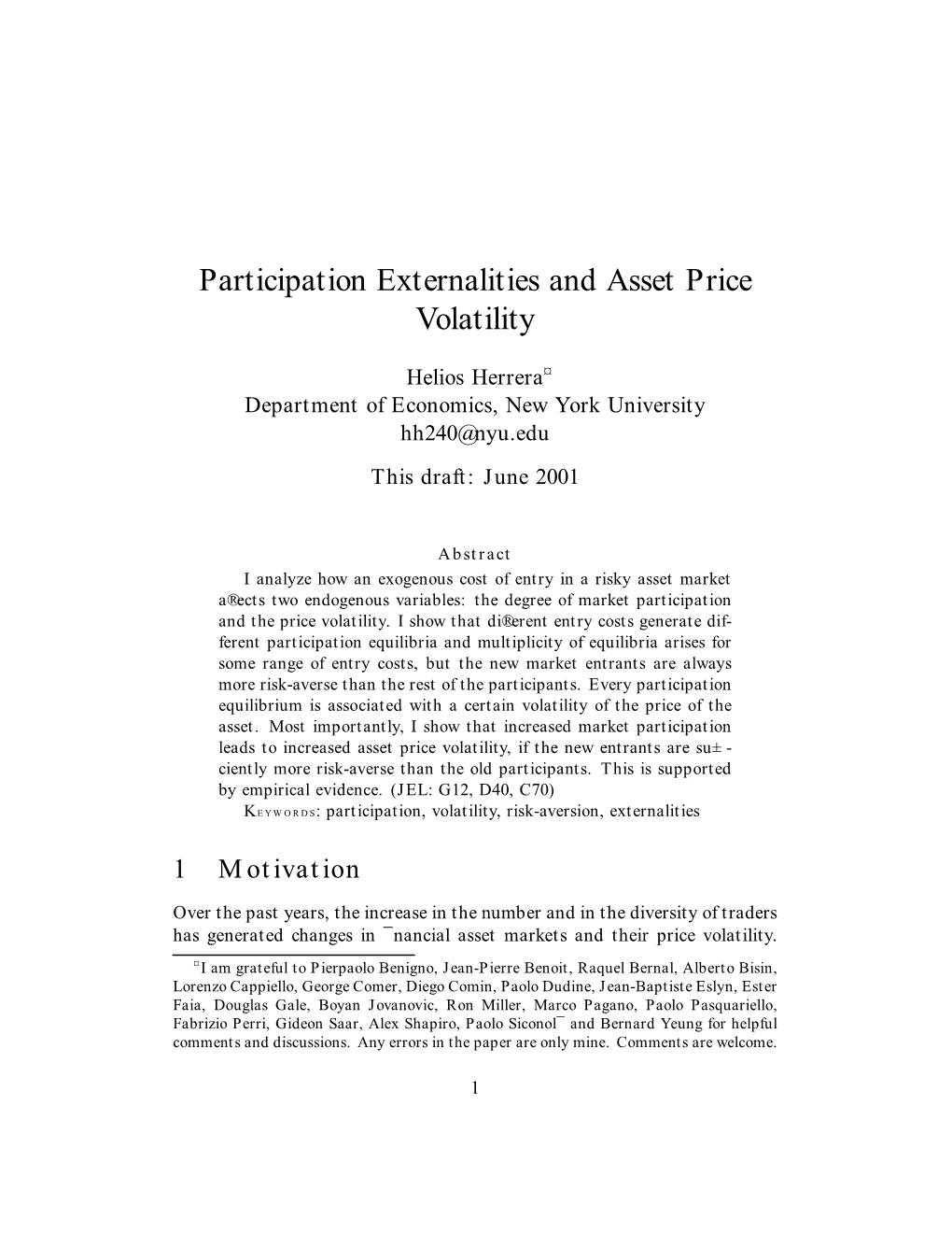 Participation Externalities and Asset Price Volatility