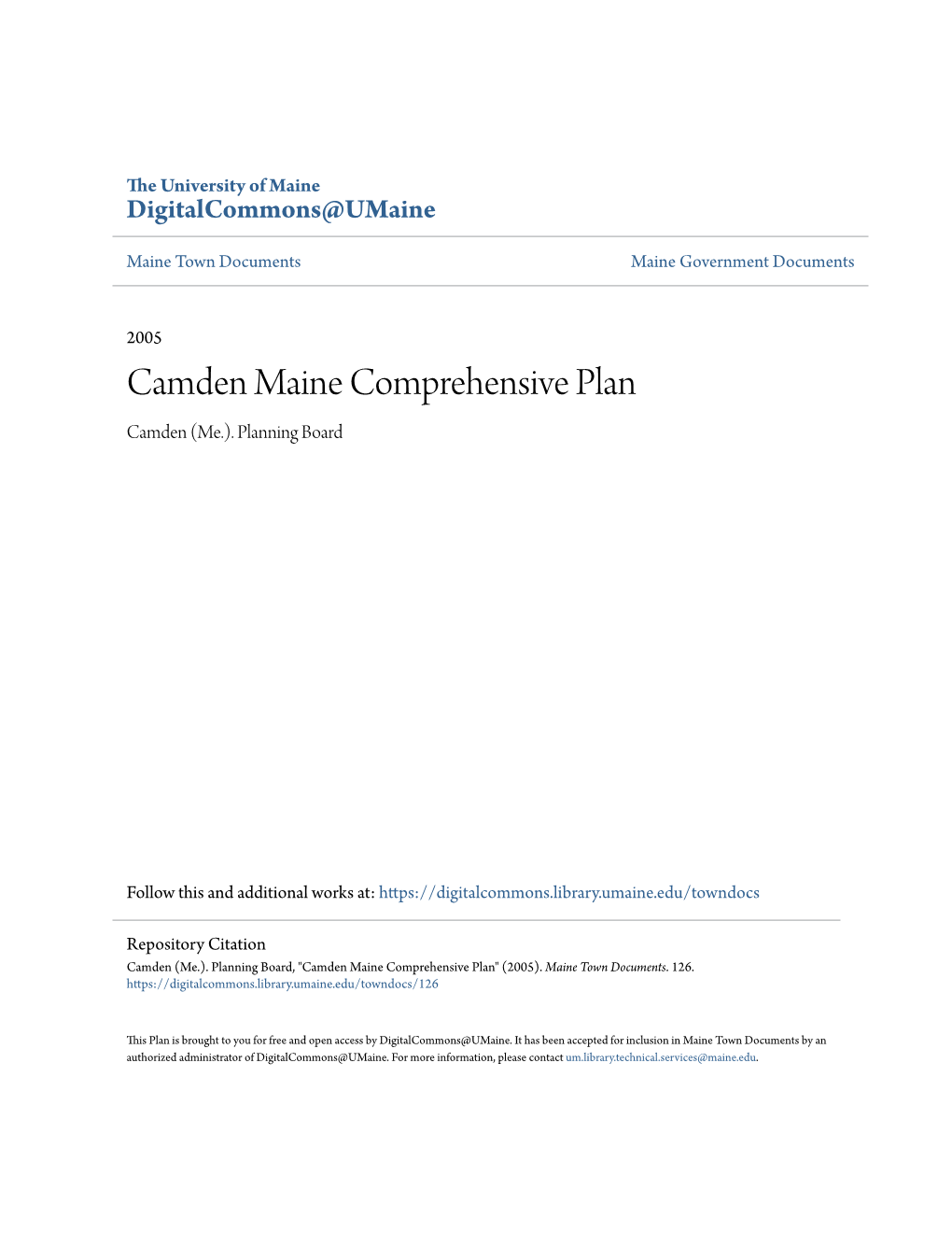 Camden Maine Comprehensive Plan Camden (Me.)