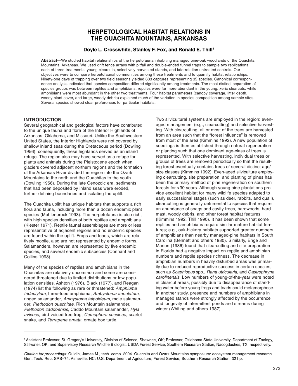 Herpetological Habitat Relations in the Ouachita Mountains, Arkansas